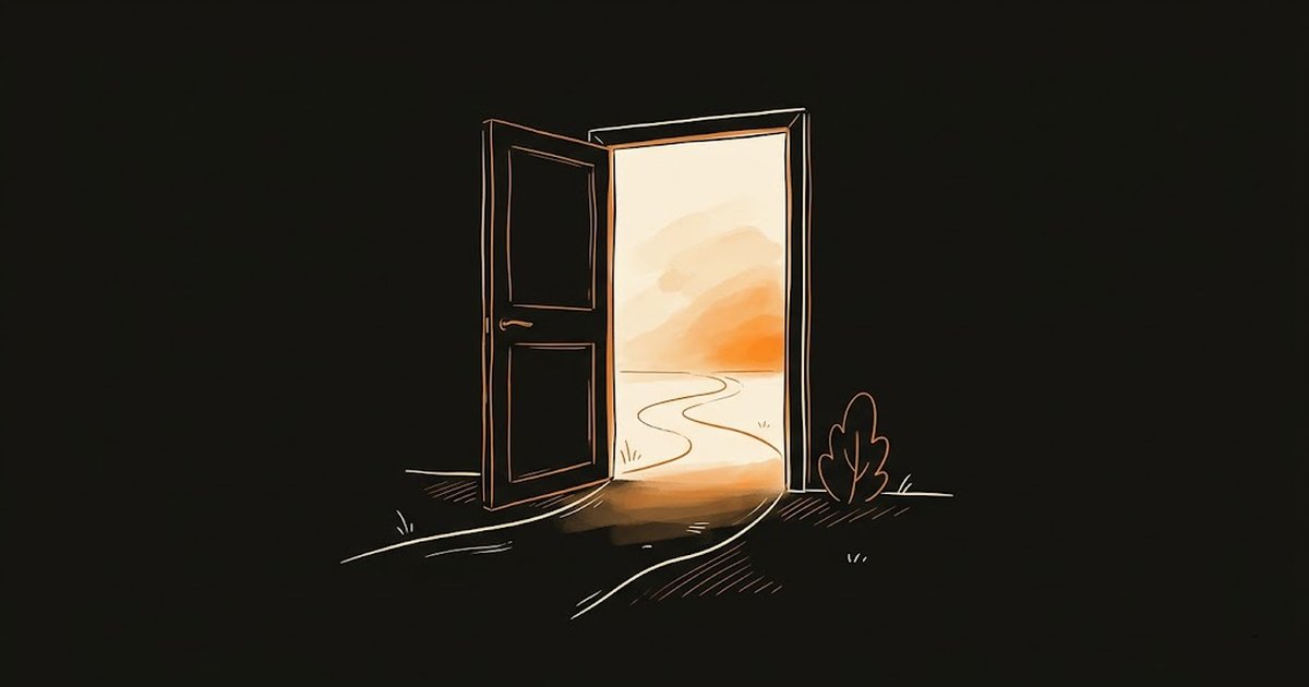 Illustration of an open door with a path leading away representing resident discharge