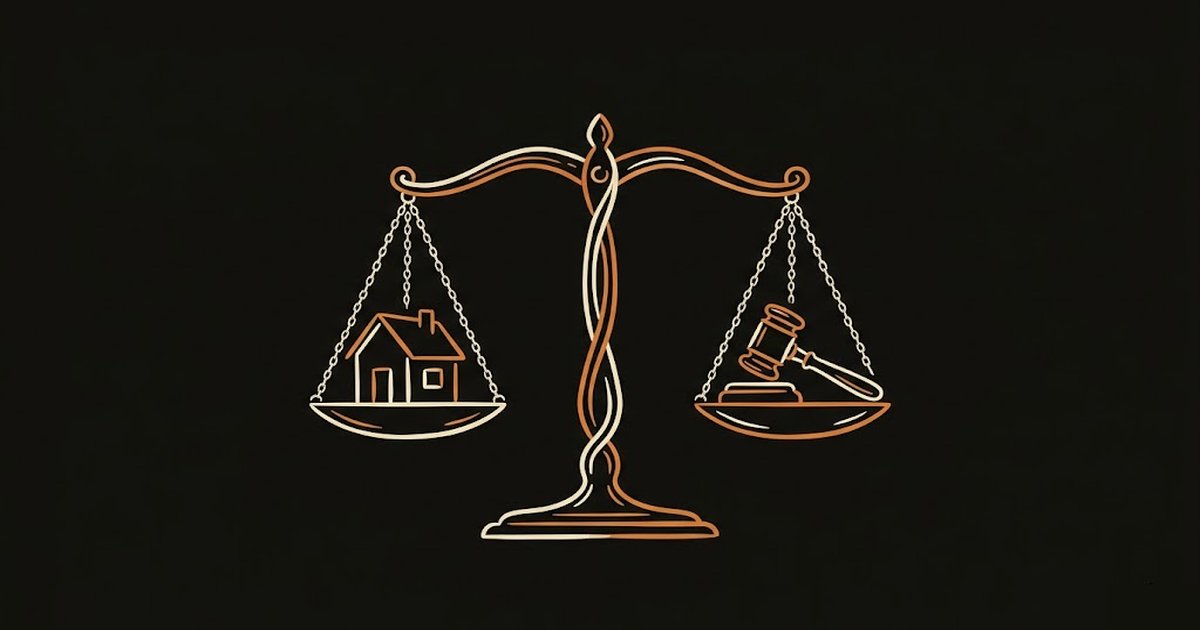 Illustration of a balance scale with a house and gavel representing Fair Housing Act protections