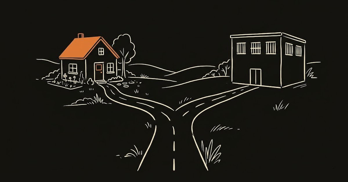 Illustration of a road splitting into two paths representing sober living versus halfway house