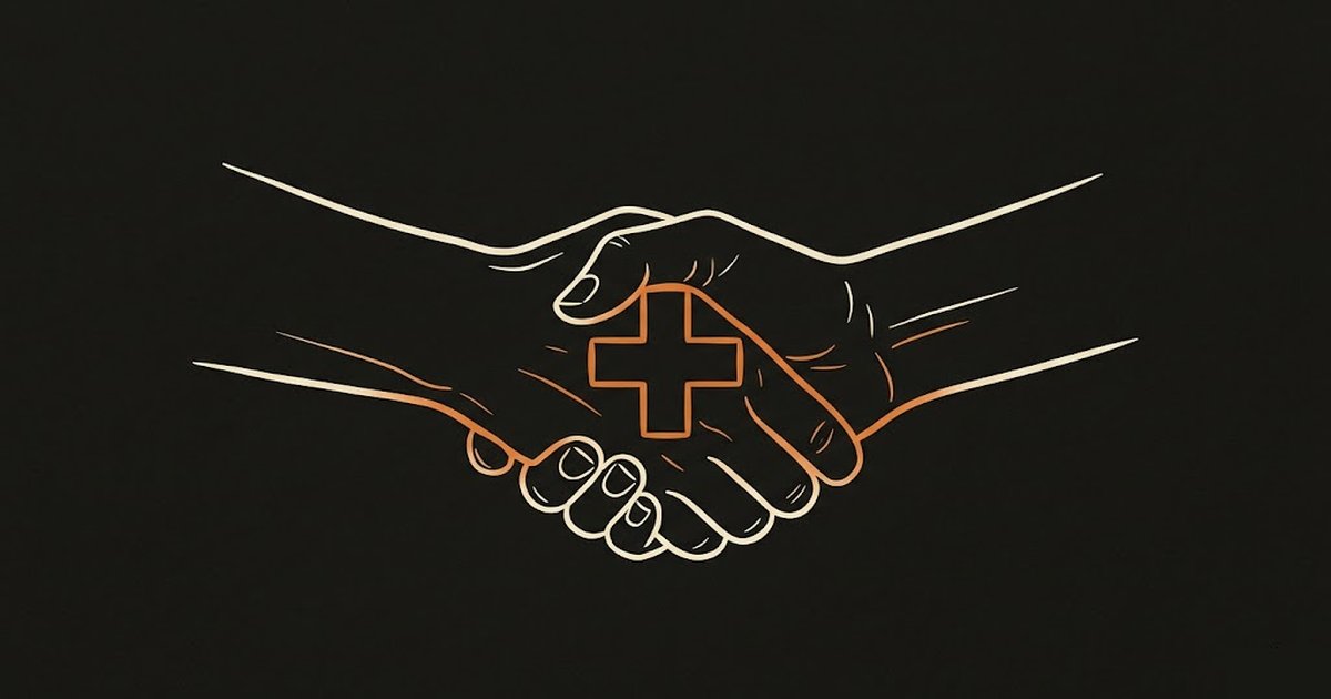 Illustration of a handshake between two figures representing referral partnerships